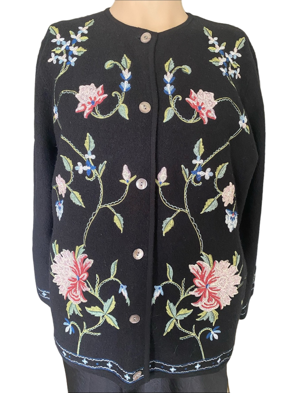Carole Little Vintage Black Embroidered Floral Cardigan Jacket